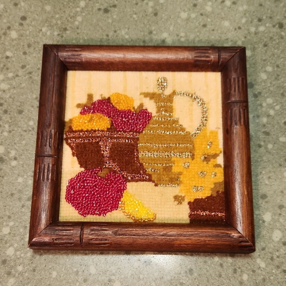Framed Crewel Cross Stitch Needle Point Still Life Fruit & Jug